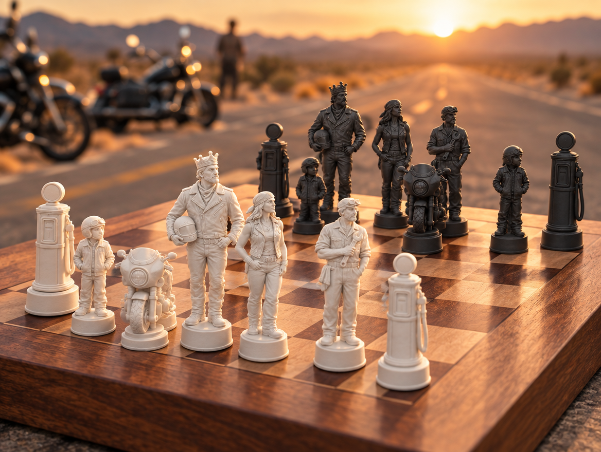 Motorräder – thematisches Schachfigurenset mit 32 Figuren – Ansicht 1