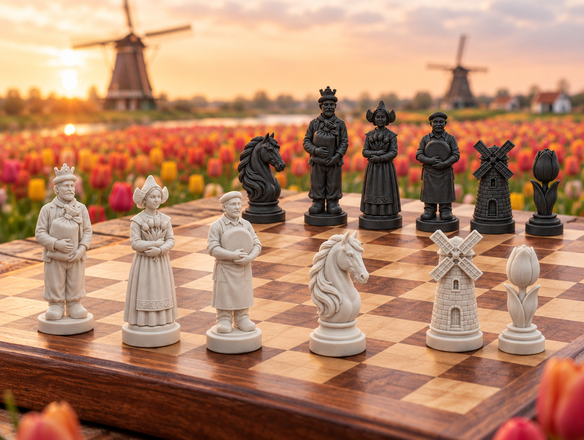 Windmühlen – thematisches Schachfigurenset mit 32 Figuren – Ansicht 1