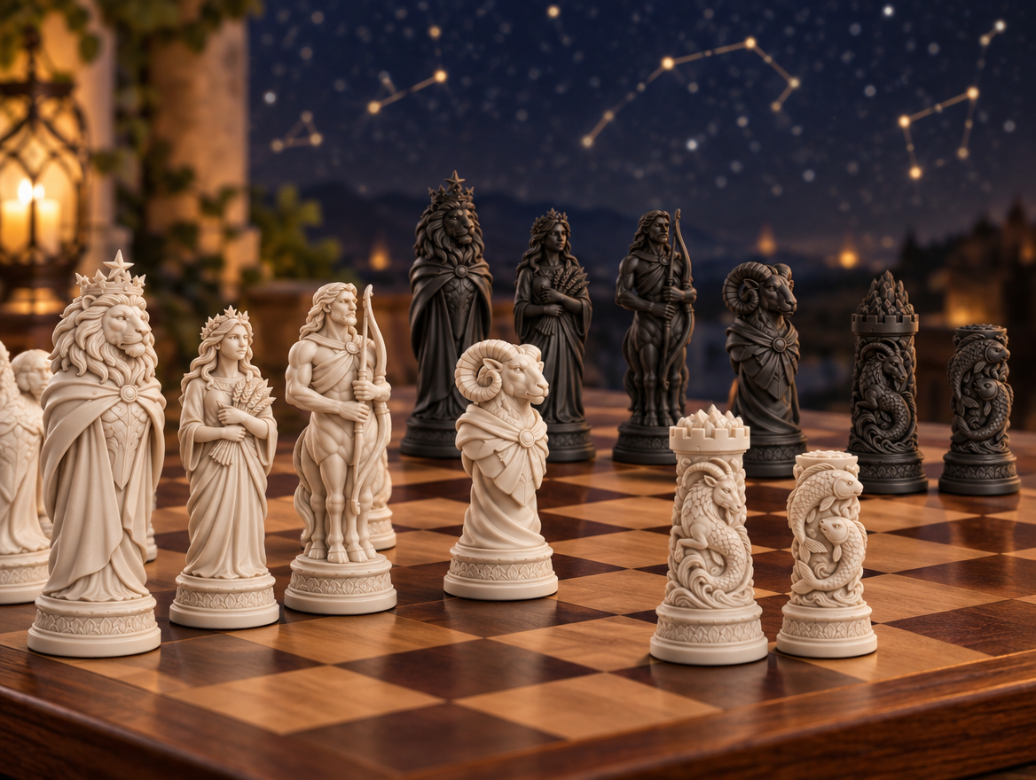 Sternzeichen – thematisches Schachfigurenset mit 32 Figuren – Ansicht 1