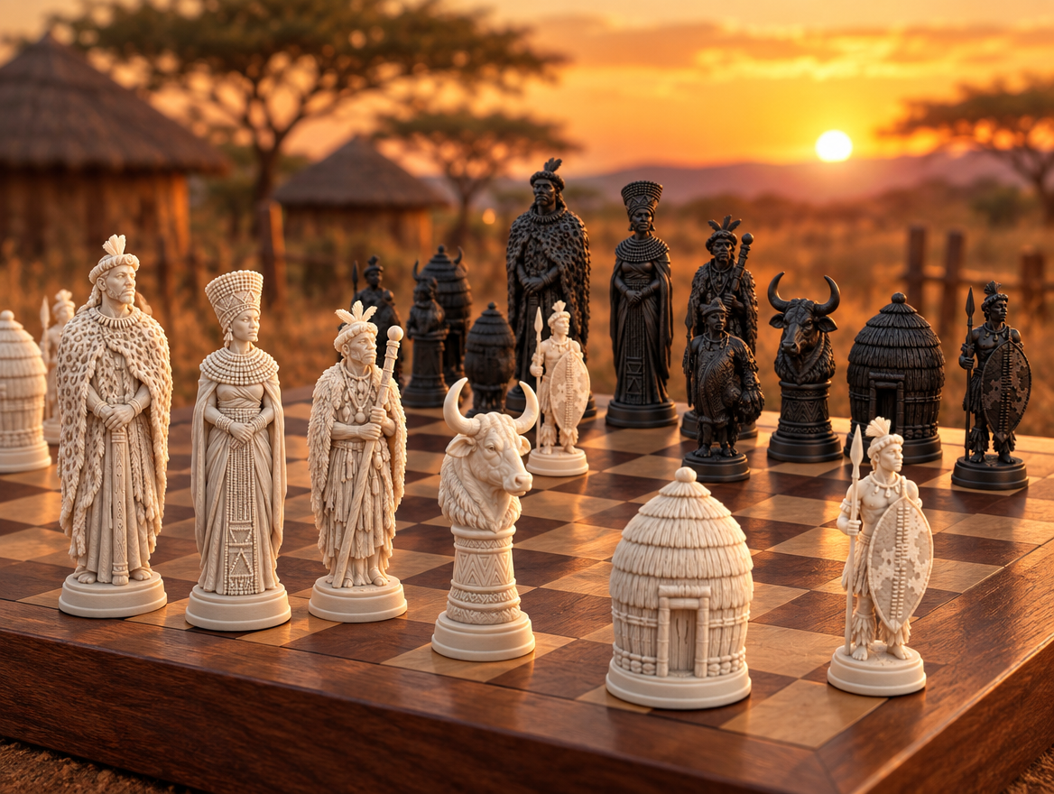 Zulu – thematisches Schachfigurenset mit 32 Figuren – Ansicht 1