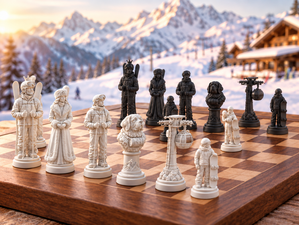 Skifahren – thematisches Schachfigurenset mit 32 Figuren – Ansicht 1