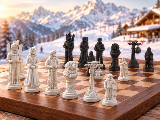 Skifahren – thematisches Schachfigurenset mit 32 Figuren – Ansicht 1