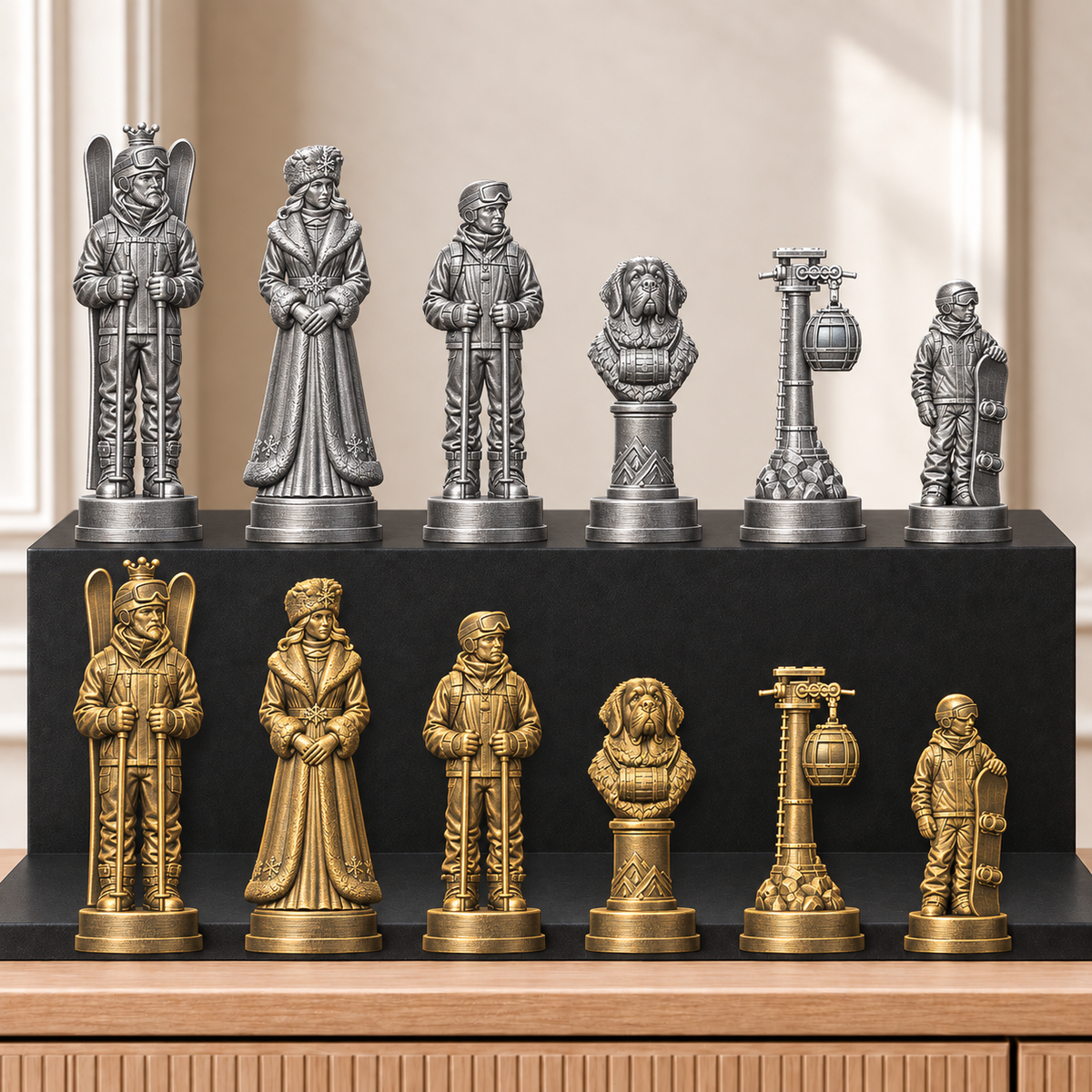 Skifahren – thematisches Schachfigurenset mit 32 Figuren – Ansicht 2