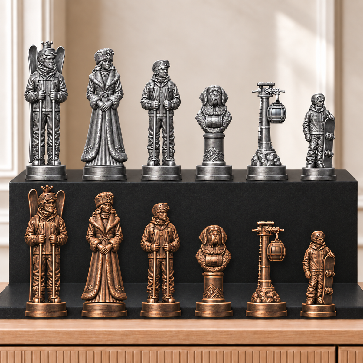 Skifahren – thematisches Schachfigurenset mit 32 Figuren – Ansicht 3