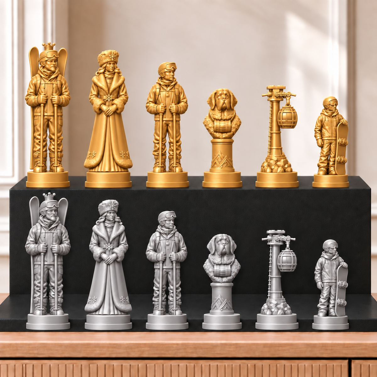 Skifahren – thematisches Schachfigurenset mit 32 Figuren – Ansicht 4