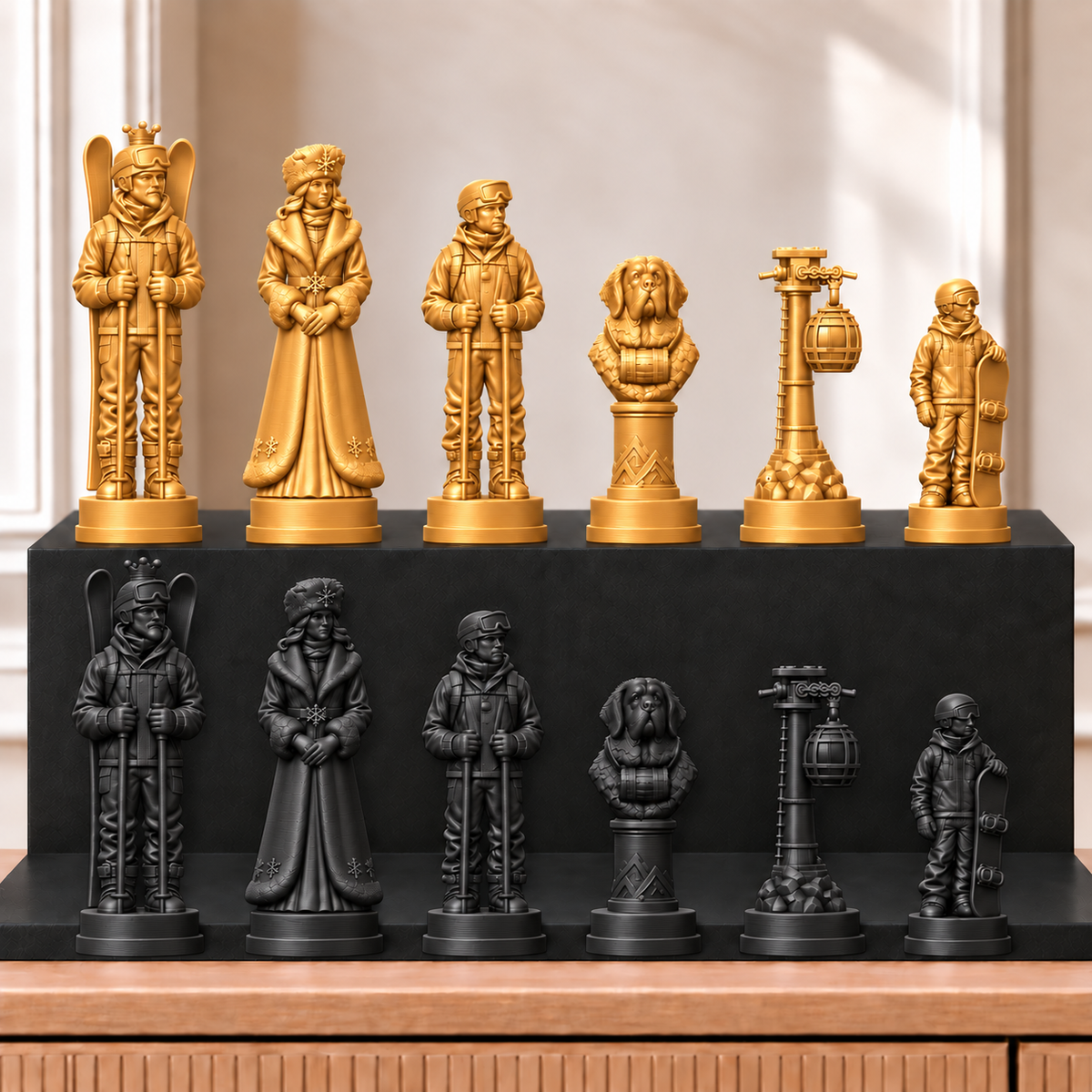 Skifahren – thematisches Schachfigurenset mit 32 Figuren – Ansicht 5
