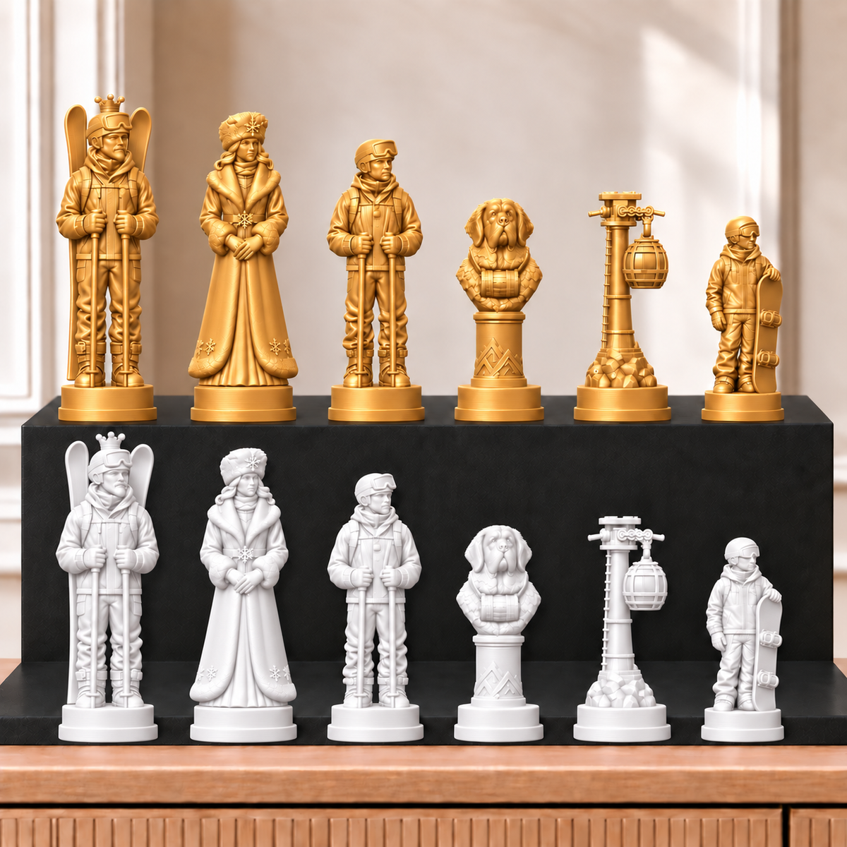 Skifahren – thematisches Schachfigurenset mit 32 Figuren – Ansicht 6