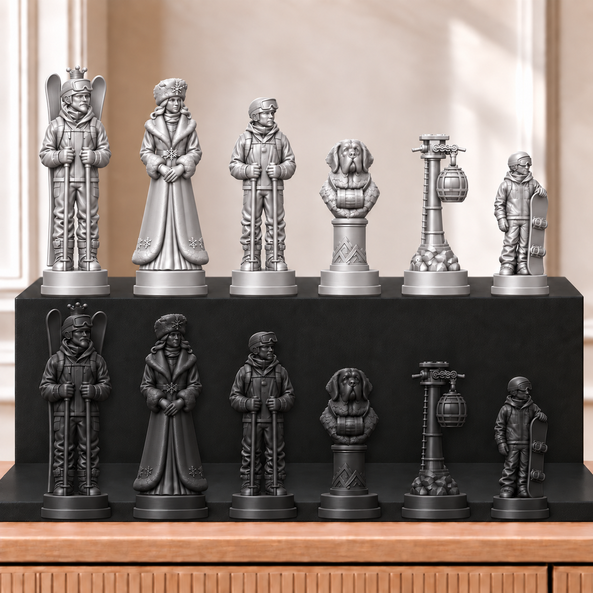 Skifahren – thematisches Schachfigurenset mit 32 Figuren – Ansicht 8