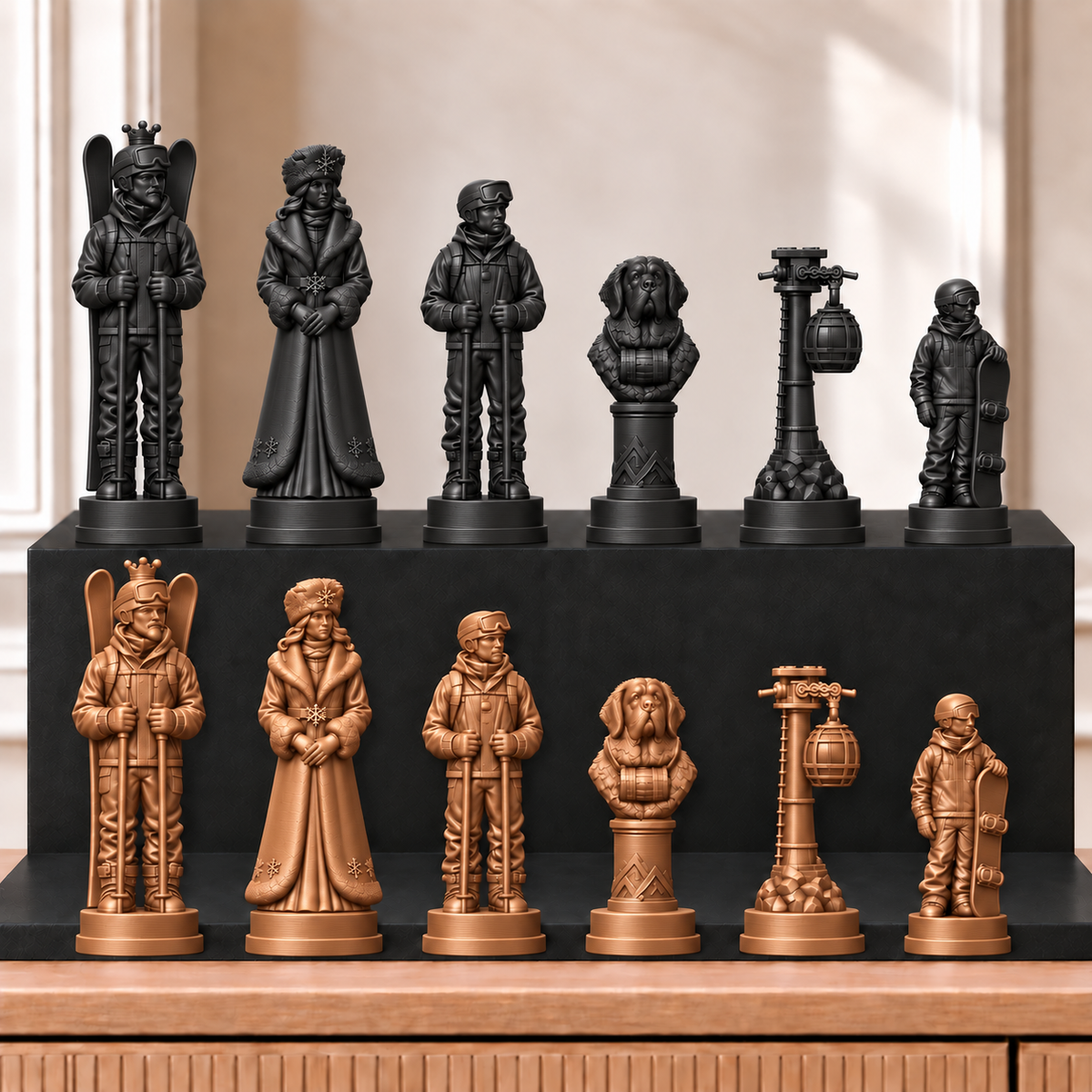 Skifahren – thematisches Schachfigurenset mit 32 Figuren – Ansicht 12