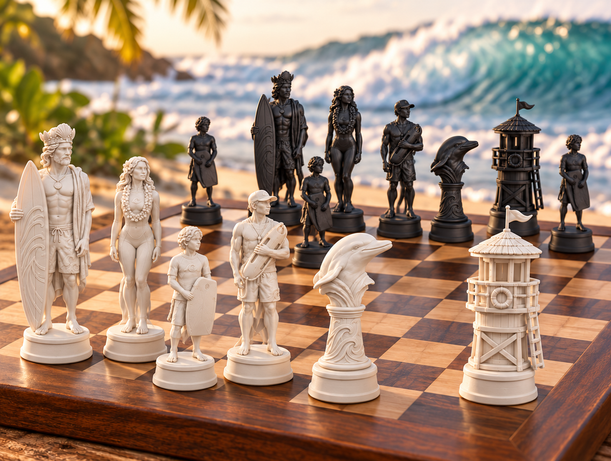 Surfen – thematisches Schachfigurenset mit 32 Figuren – Ansicht 1