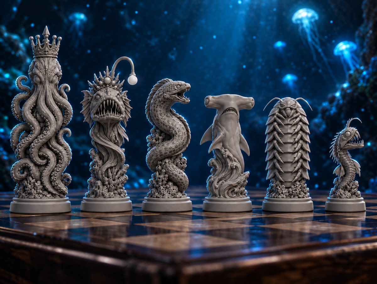 Tiefsee-Monster Schachset STL - 6 Figuren für 3D-Druck – Ansicht 1