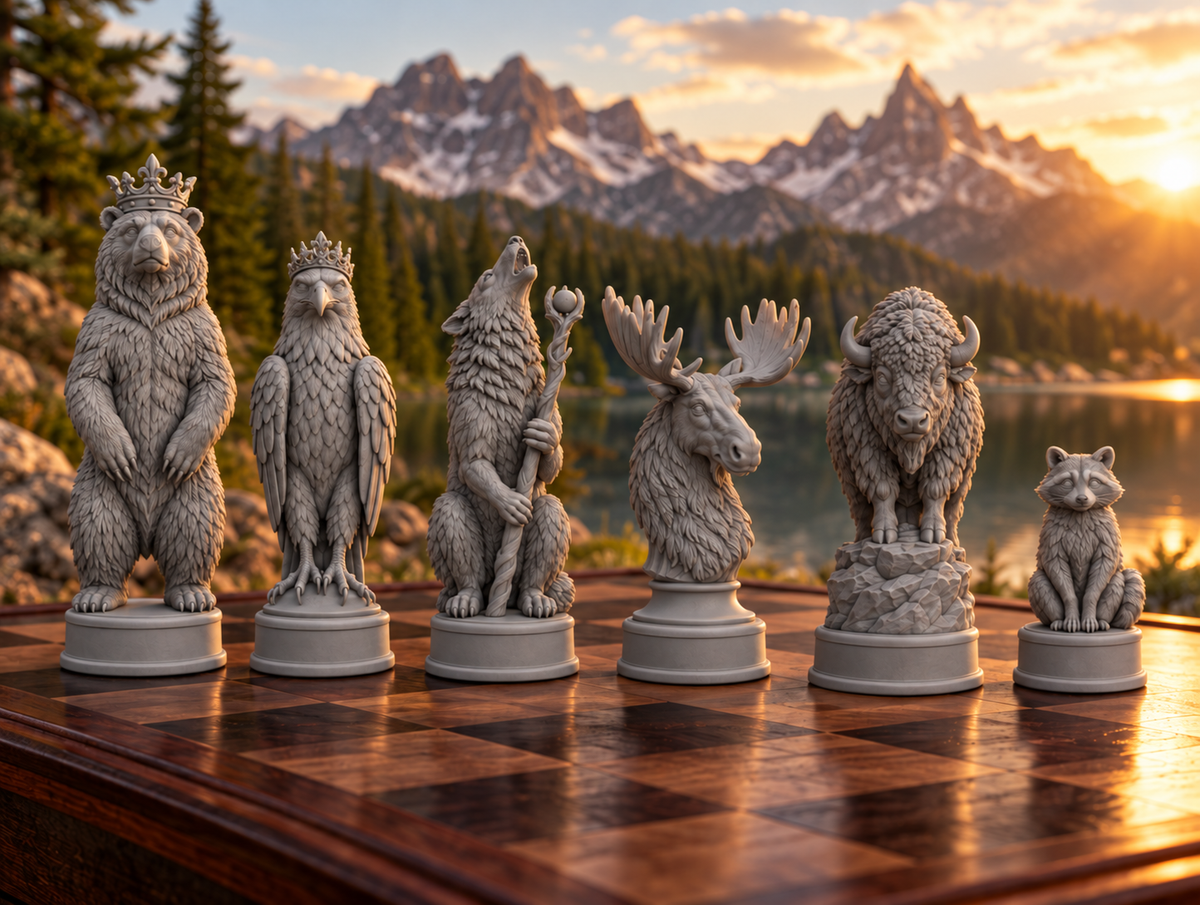 Nordamerikanische Wildtiere Schachset STL - 6 Figuren für 3D-Druck – Ansicht 1