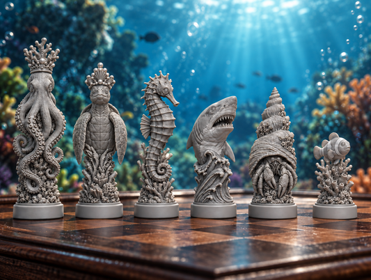 Meerestiere Schachset STL - 6 Figuren für 3D-Druck – Ansicht 1