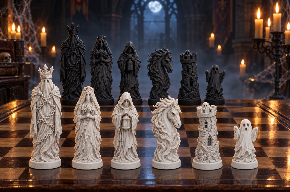 Spukschloss-Geister – thematisches Schachfigurenset mit 32 Figuren – Ansicht 1