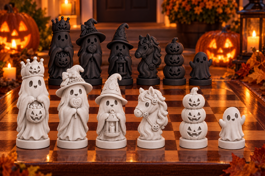 Halloween-Geister – thematisches Schachfigurenset mit 32 Figuren – Ansicht 1