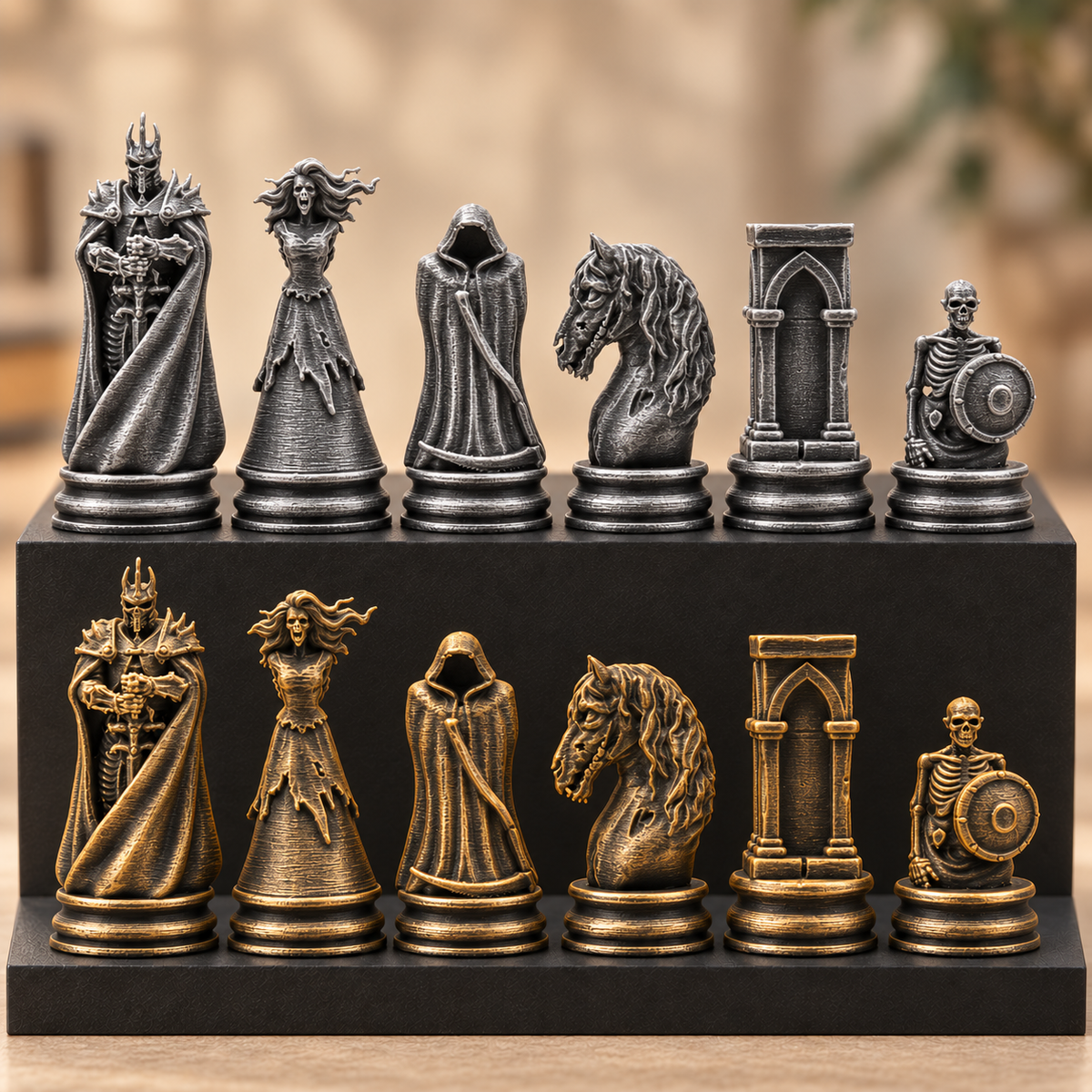 Skelett-Armee-Schachfigurenset – 32 Figuren mit Skelettkönig und Geisterpferd – Ansicht 2