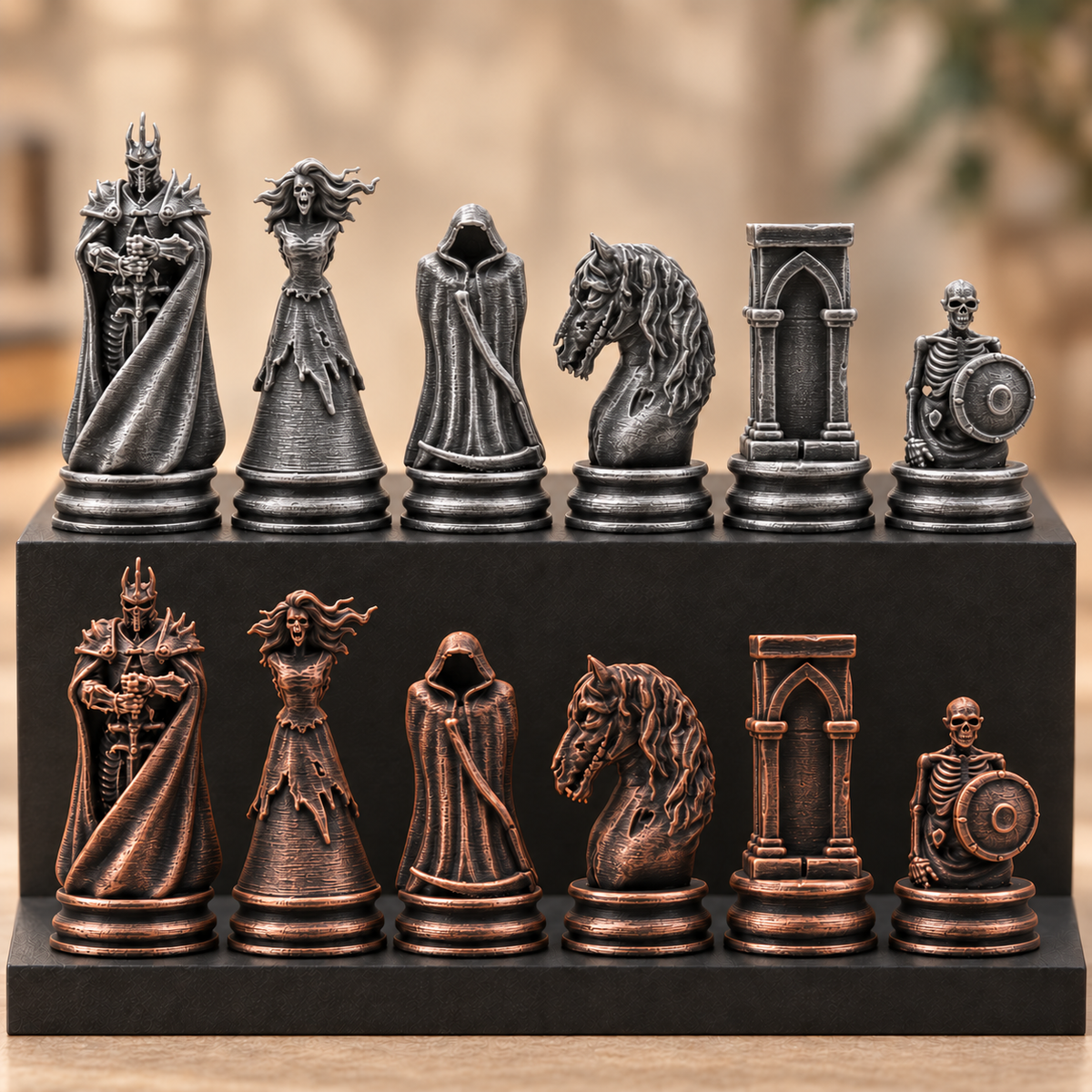 Skelett-Armee-Schachfigurenset – 32 Figuren mit Skelettkönig und Geisterpferd – Ansicht 3