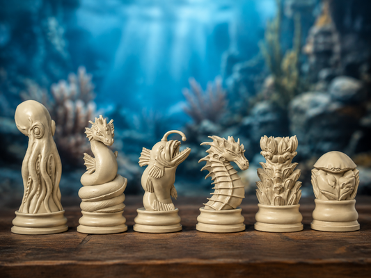 Meereskreaturen-Schachfigurenset – 32 Figuren mit Oktopus und Seepferdchen – Ansicht 1
