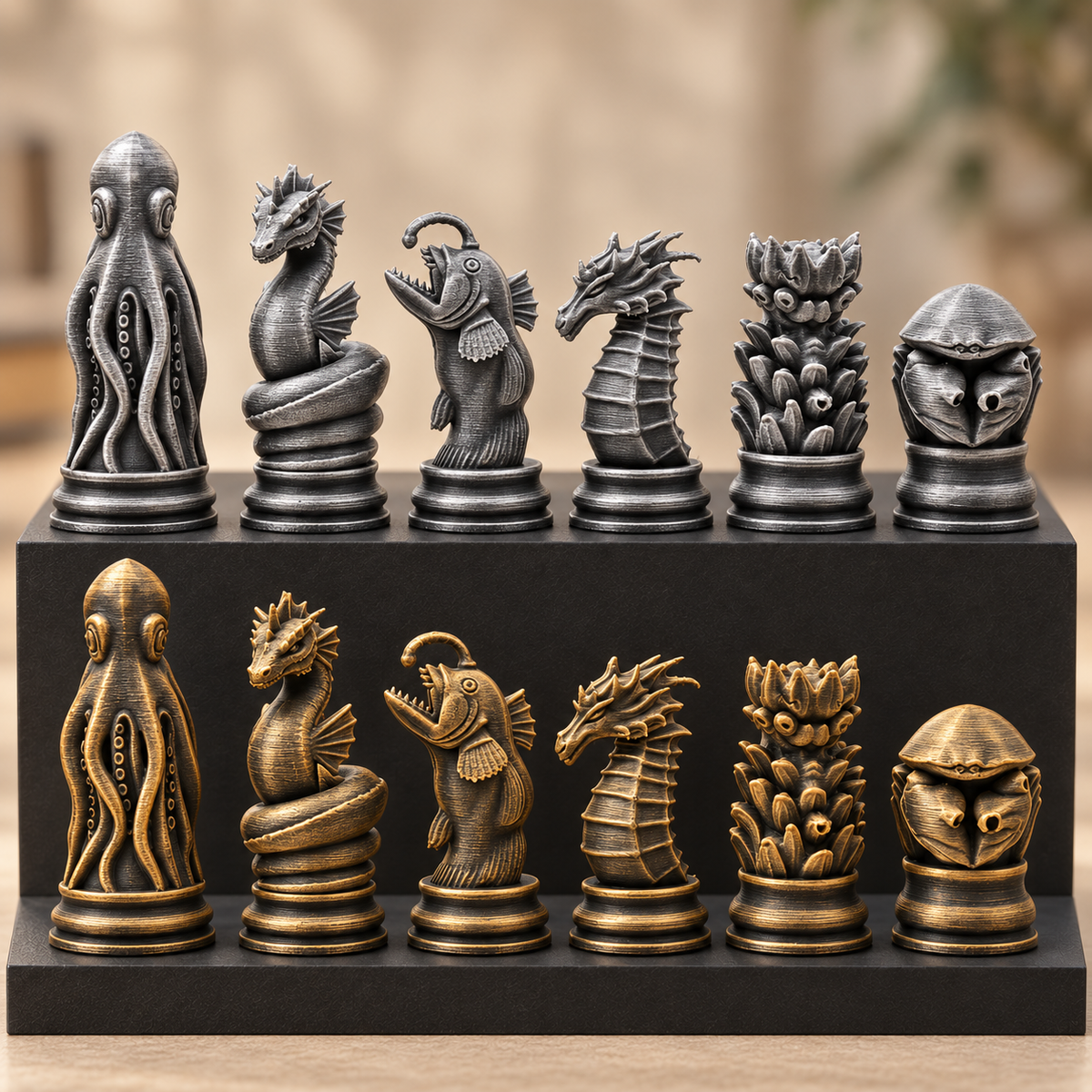 Meereskreaturen-Schachfigurenset – 32 Figuren mit Oktopus und Seepferdchen – Ansicht 2