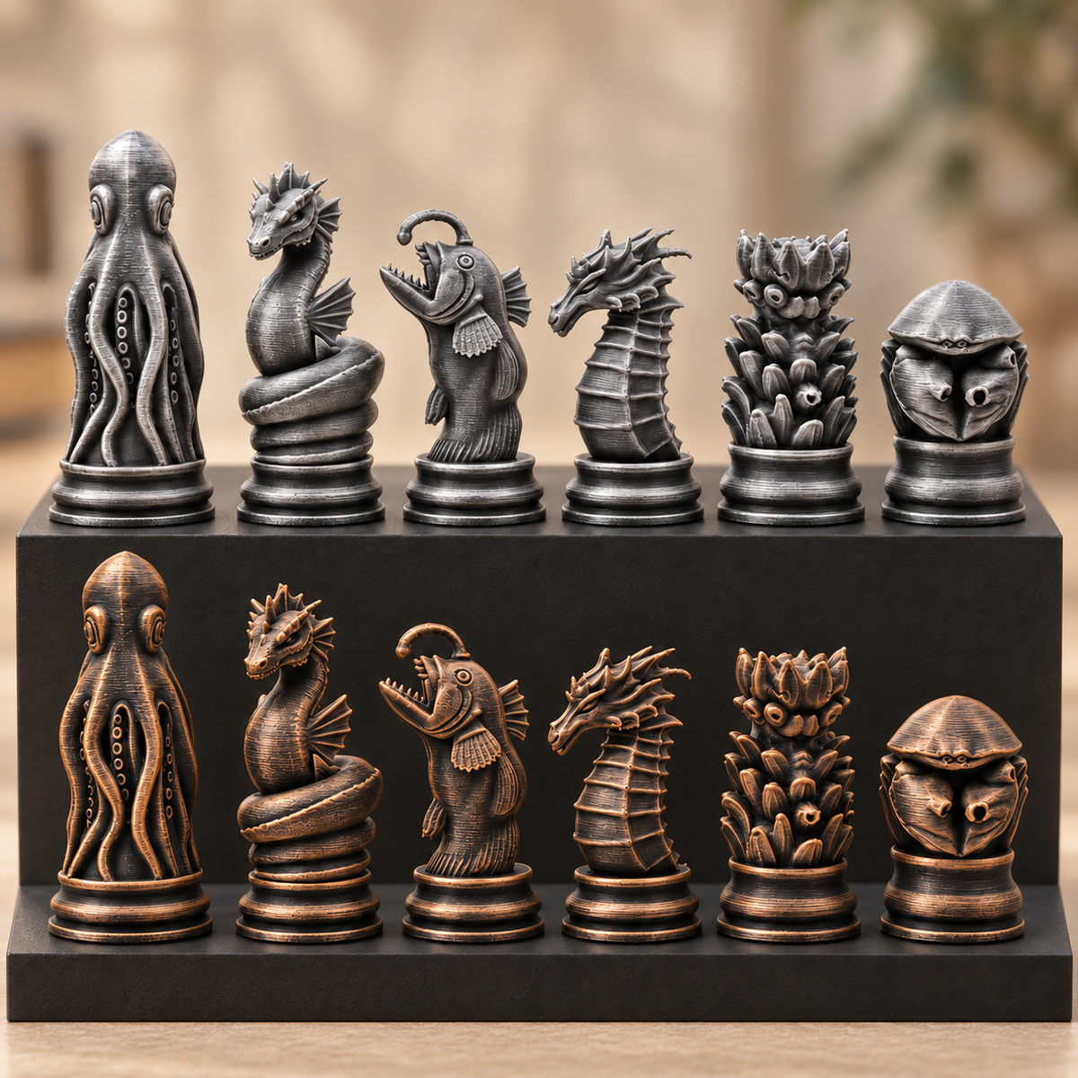 Meereskreaturen-Schachfigurenset – 32 Figuren mit Oktopus und Seepferdchen – Ansicht 3