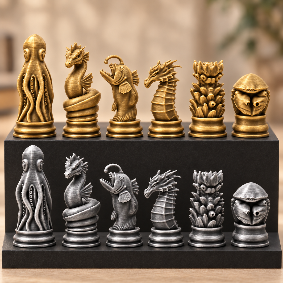 Meereskreaturen-Schachfigurenset – 32 Figuren mit Oktopus und Seepferdchen – Ansicht 4