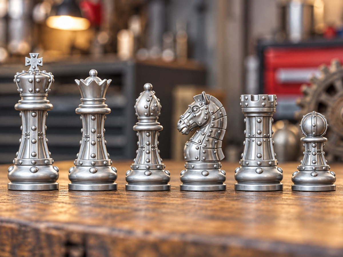 Staunton-Schachfigurenset mit Nieten – 32 Figuren im mechanischen Stil – Ansicht 1