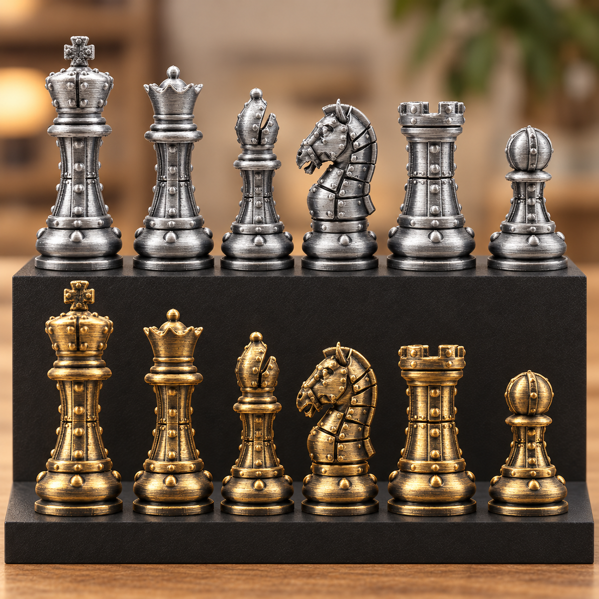 Staunton-Schachfigurenset mit Nieten – 32 Figuren im mechanischen Stil – Ansicht 2