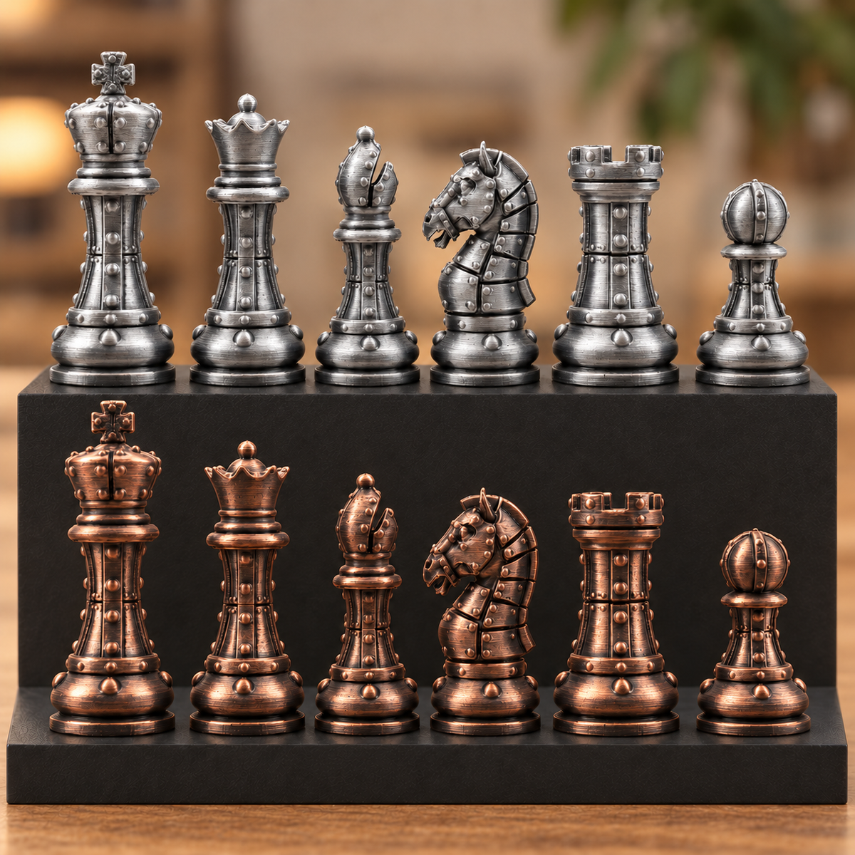 Staunton-Schachfigurenset mit Nieten – 32 Figuren im mechanischen Stil – Ansicht 3