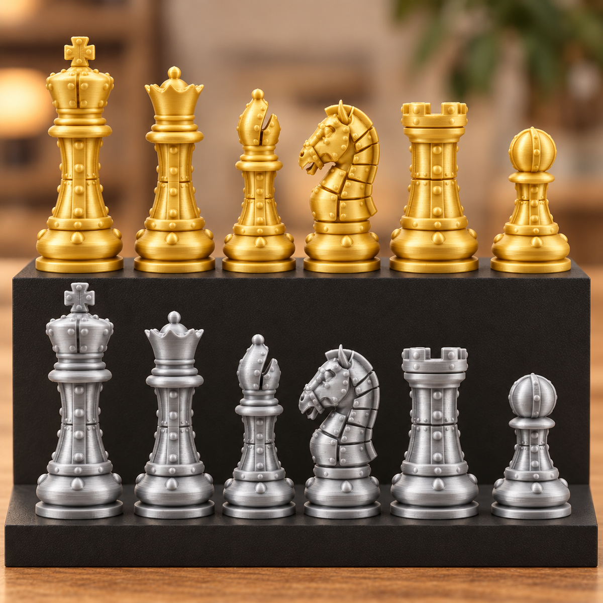 Staunton-Schachfigurenset mit Nieten – 32 Figuren im mechanischen Stil – Ansicht 4