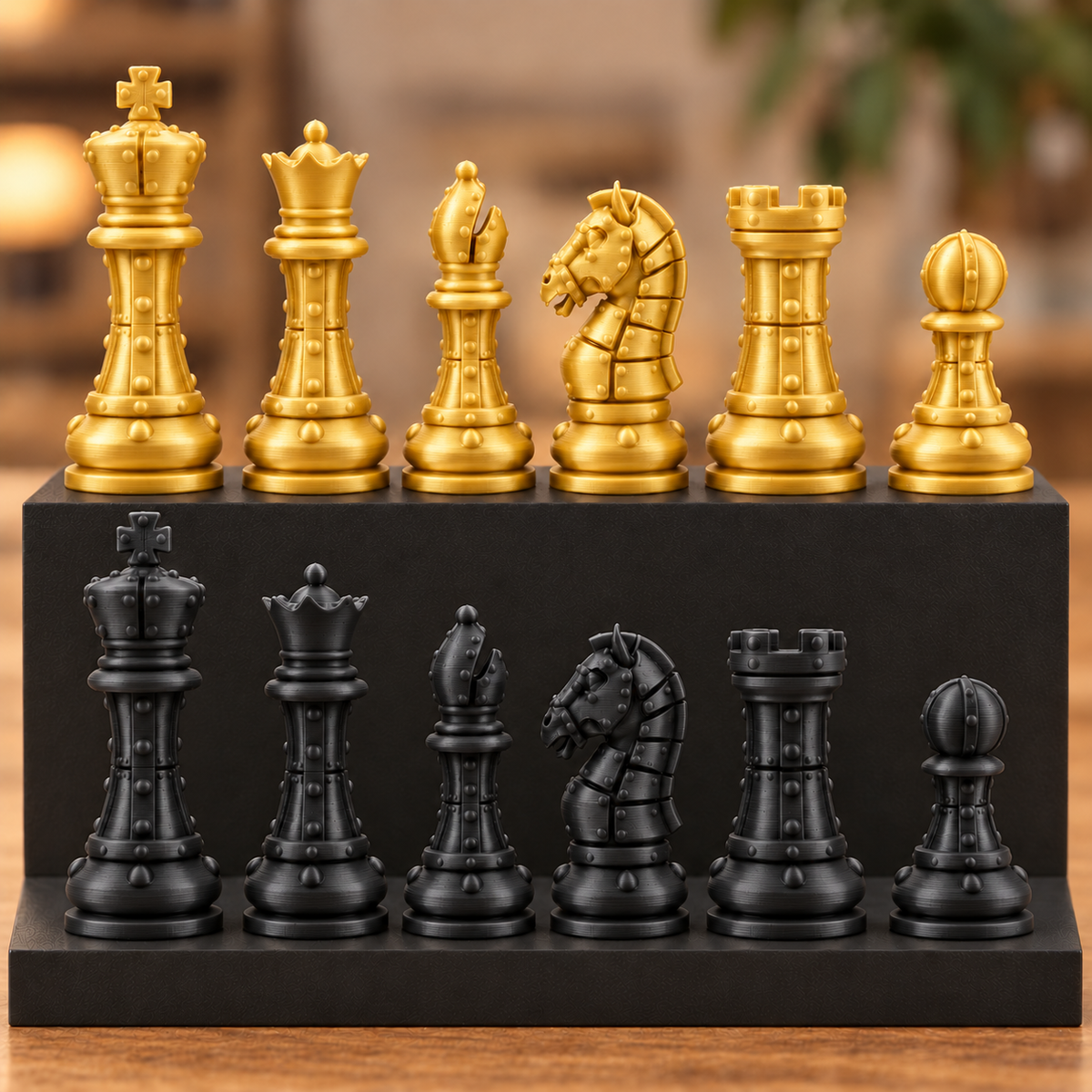 Staunton-Schachfigurenset mit Nieten – 32 Figuren im mechanischen Stil – Ansicht 5
