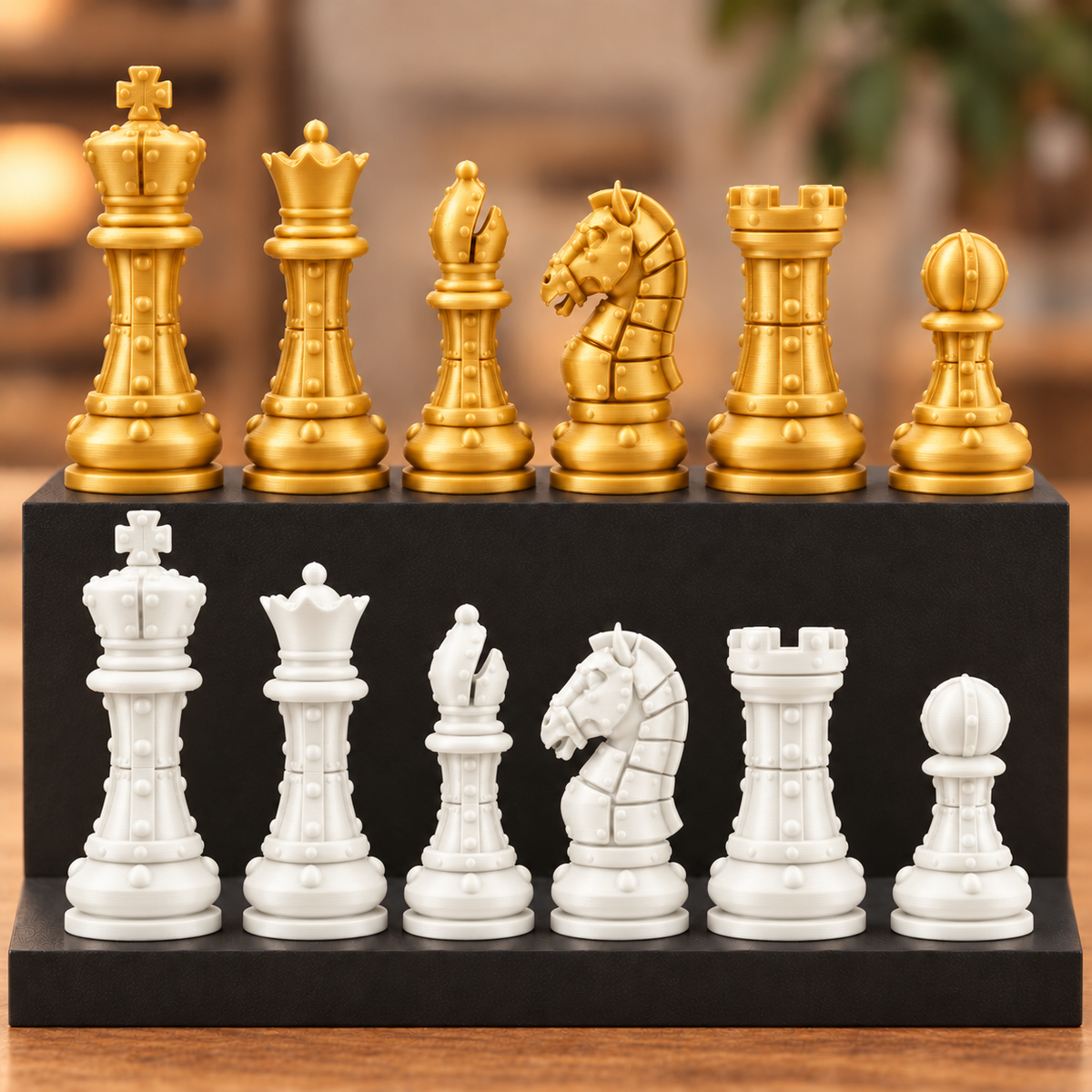Staunton-Schachfigurenset mit Nieten – 32 Figuren im mechanischen Stil – Ansicht 6