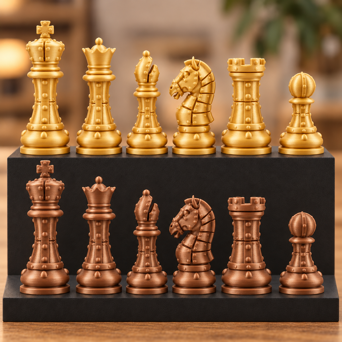 Staunton-Schachfigurenset mit Nieten – 32 Figuren im mechanischen Stil – Ansicht 7