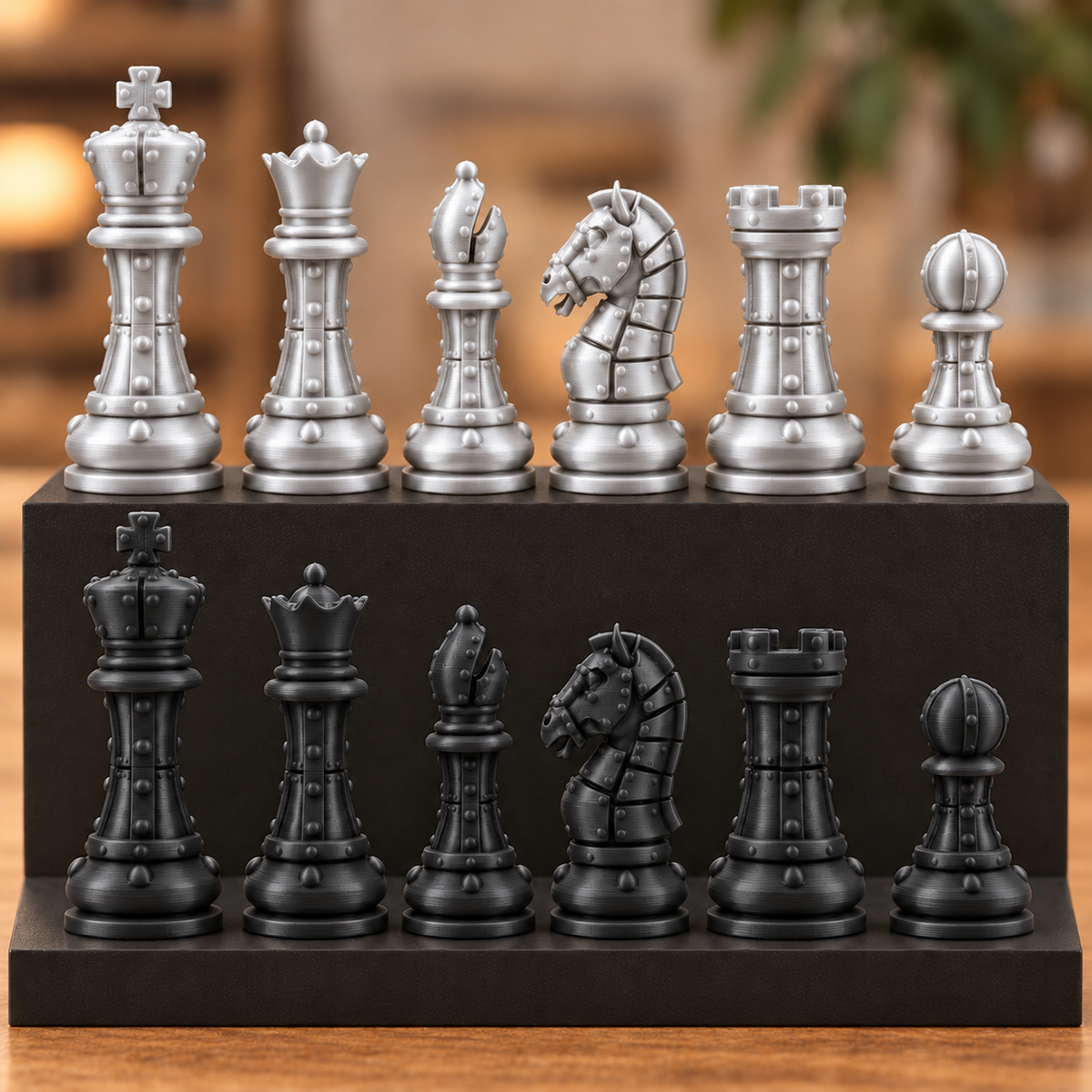 Staunton-Schachfigurenset mit Nieten – 32 Figuren im mechanischen Stil – Ansicht 8