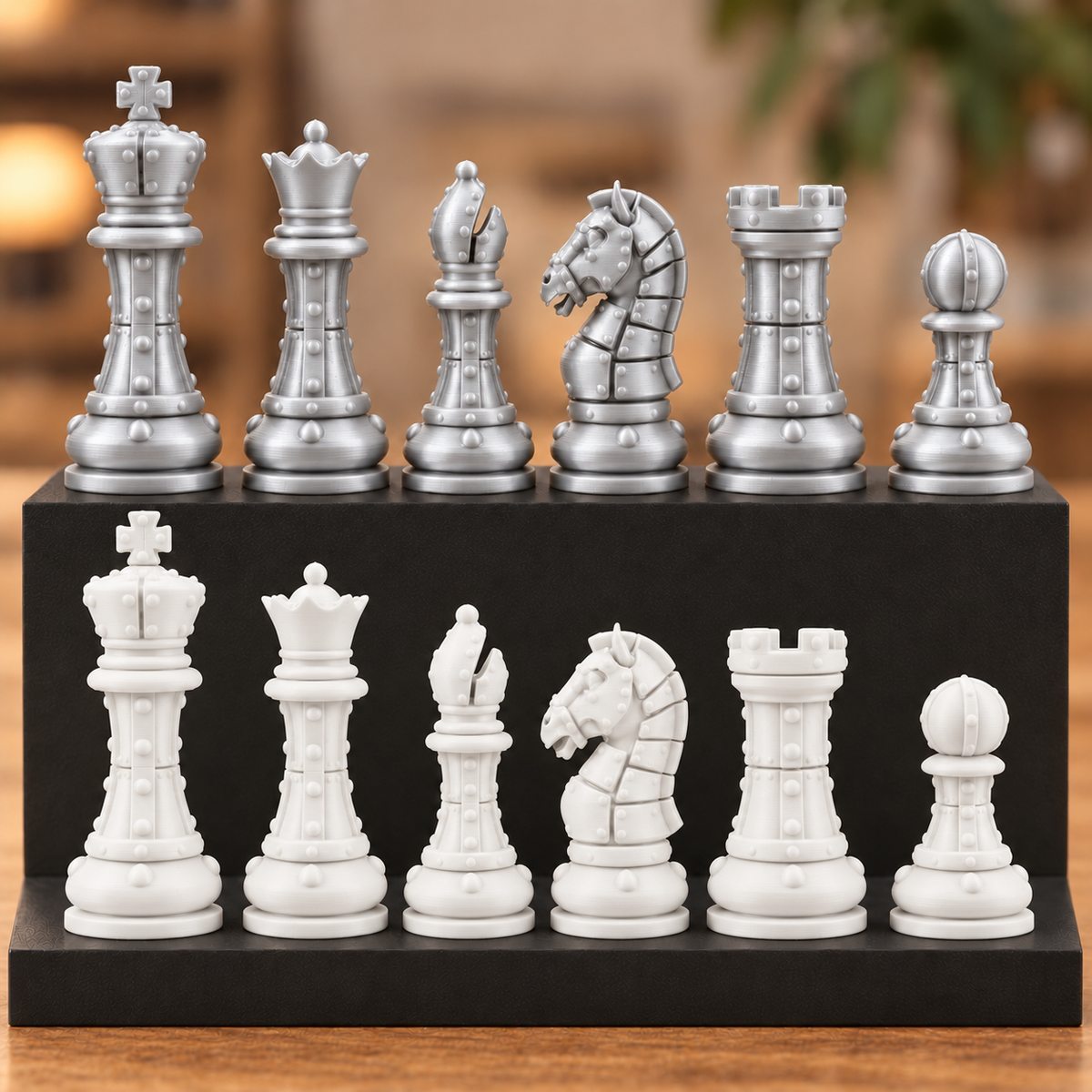 Staunton-Schachfigurenset mit Nieten – 32 Figuren im mechanischen Stil – Ansicht 9