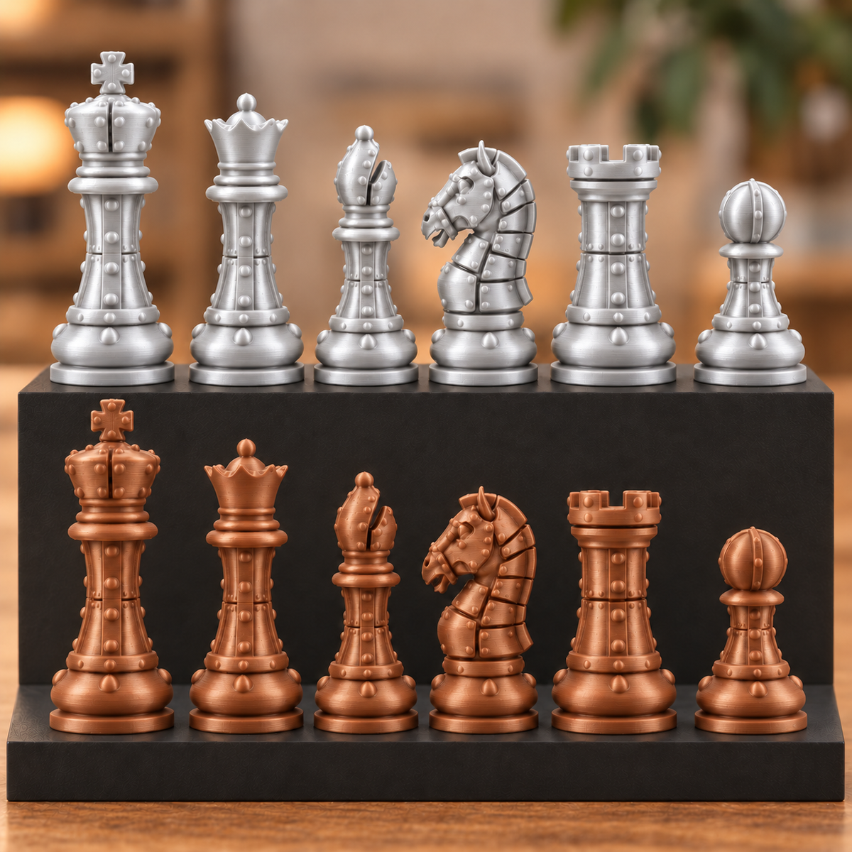 Staunton-Schachfigurenset mit Nieten – 32 Figuren im mechanischen Stil – Ansicht 10