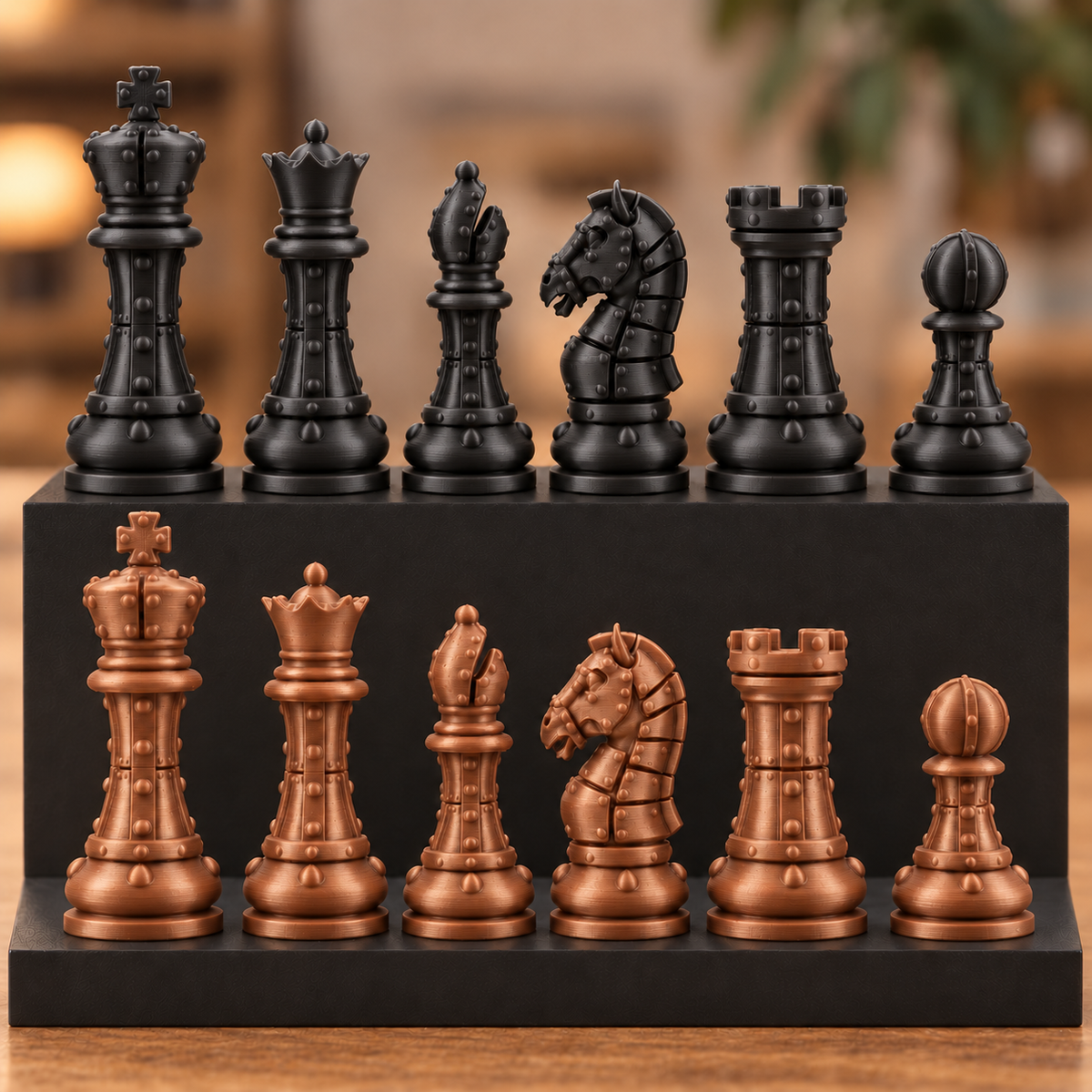 Staunton-Schachfigurenset mit Nieten – 32 Figuren im mechanischen Stil – Ansicht 12