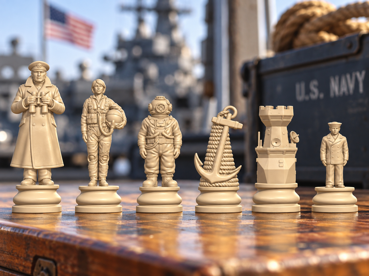 Marine-Schachfigurenset – 32 Figuren mit Kapitän, Taucher und Anker – Ansicht 1
