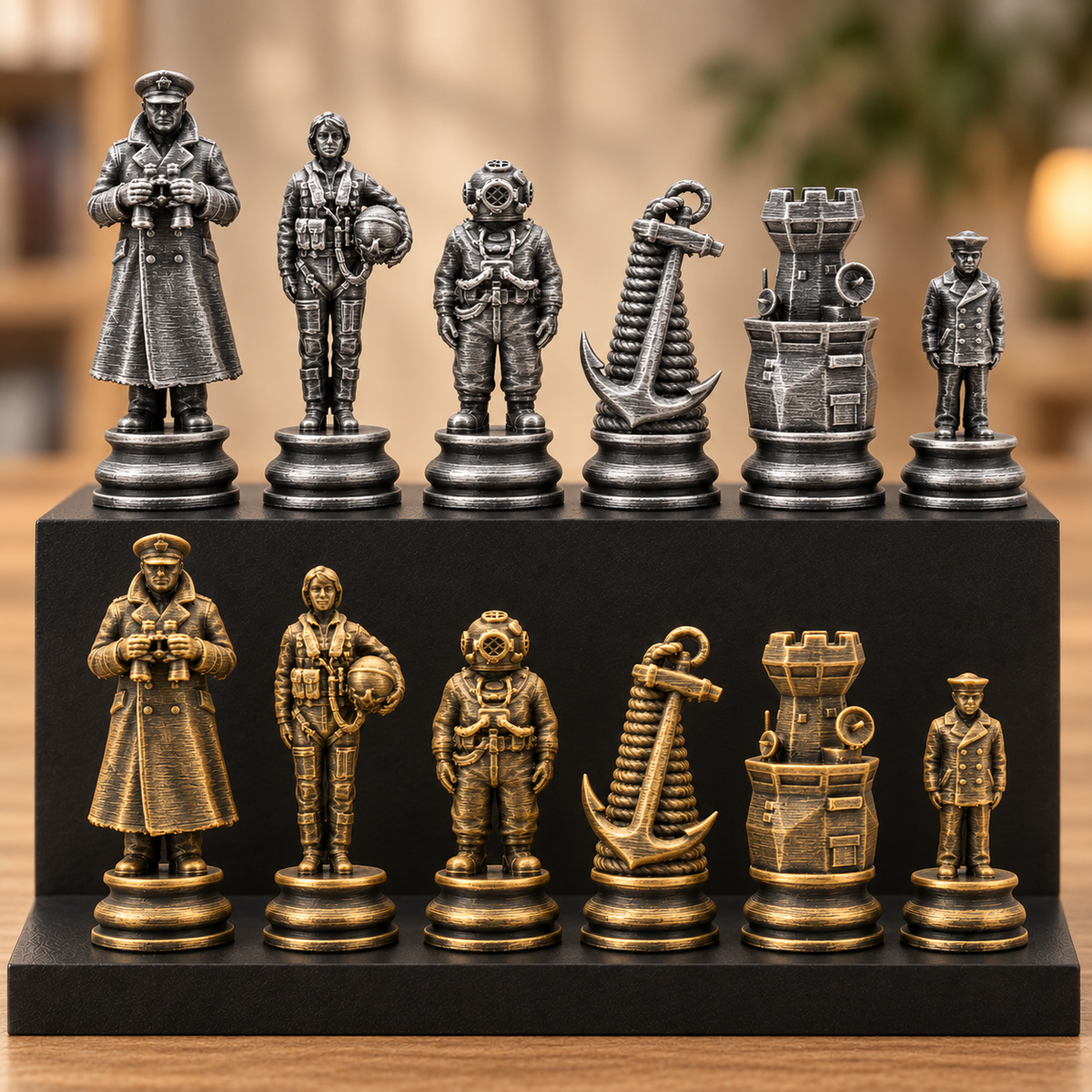 Marine-Schachfigurenset – 32 Figuren mit Kapitän, Taucher und Anker – Ansicht 2