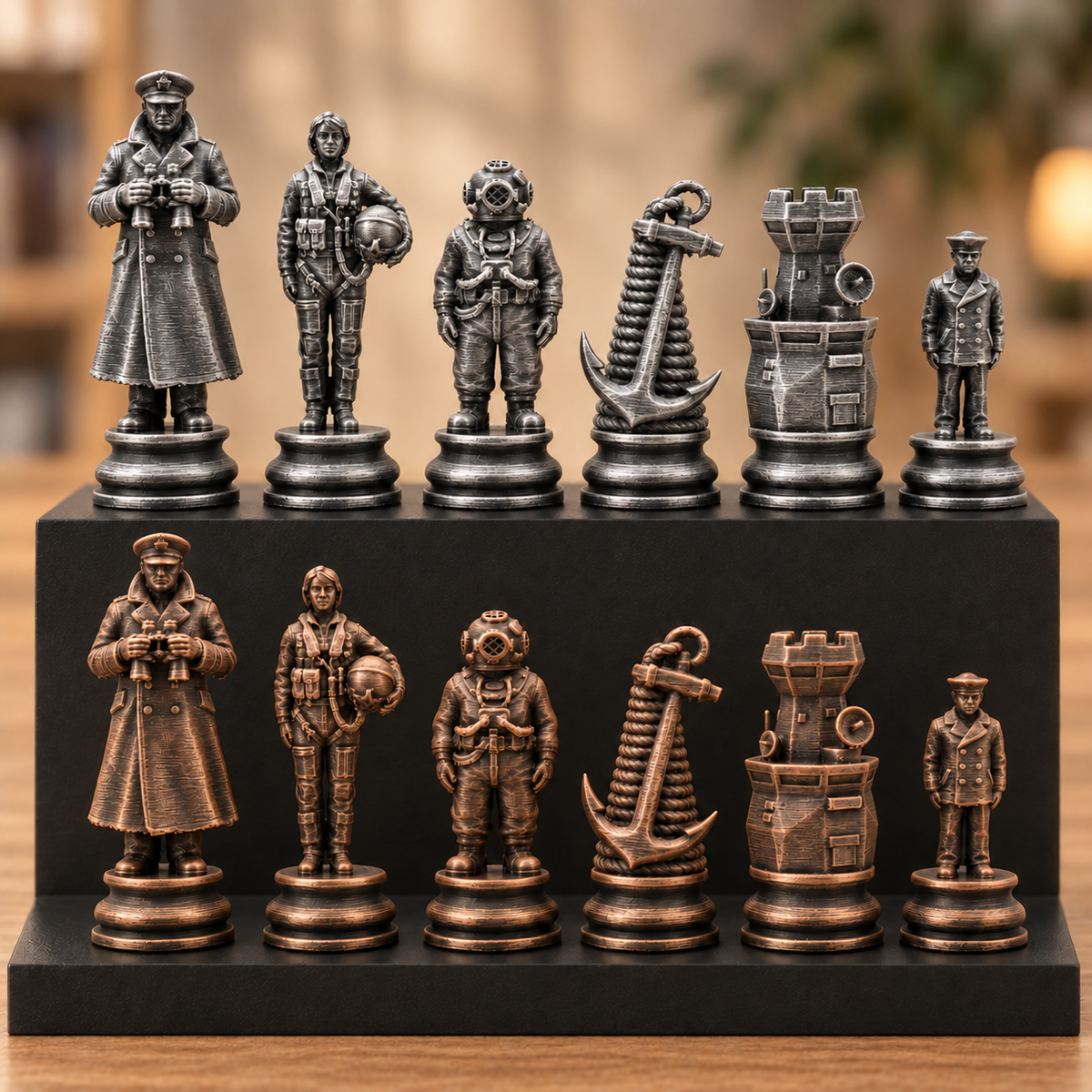 Marine-Schachfigurenset – 32 Figuren mit Kapitän, Taucher und Anker – Ansicht 3