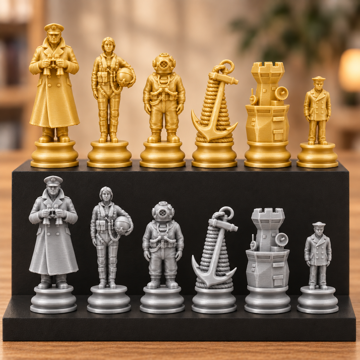 Marine-Schachfigurenset – 32 Figuren mit Kapitän, Taucher und Anker – Ansicht 4