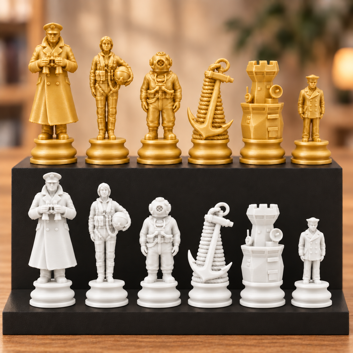 Marine-Schachfigurenset – 32 Figuren mit Kapitän, Taucher und Anker – Ansicht 6