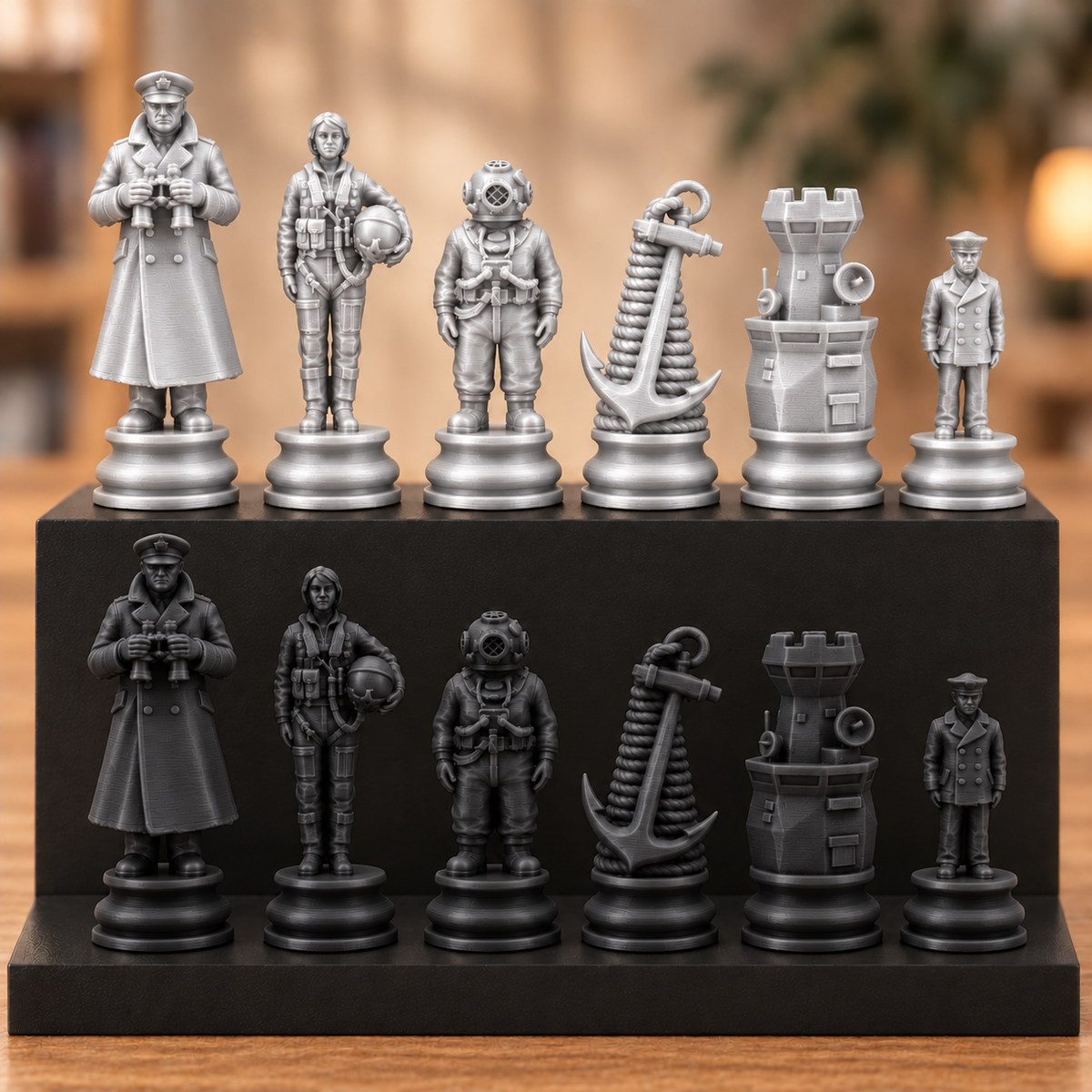 Marine-Schachfigurenset – 32 Figuren mit Kapitän, Taucher und Anker – Ansicht 8
