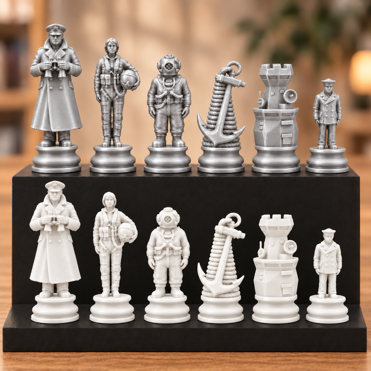 Marine-Schachfigurenset – 32 Figuren mit Kapitän, Taucher und Anker – Ansicht 9