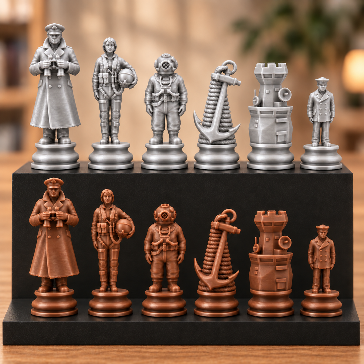 Marine-Schachfigurenset – 32 Figuren mit Kapitän, Taucher und Anker – Ansicht 10