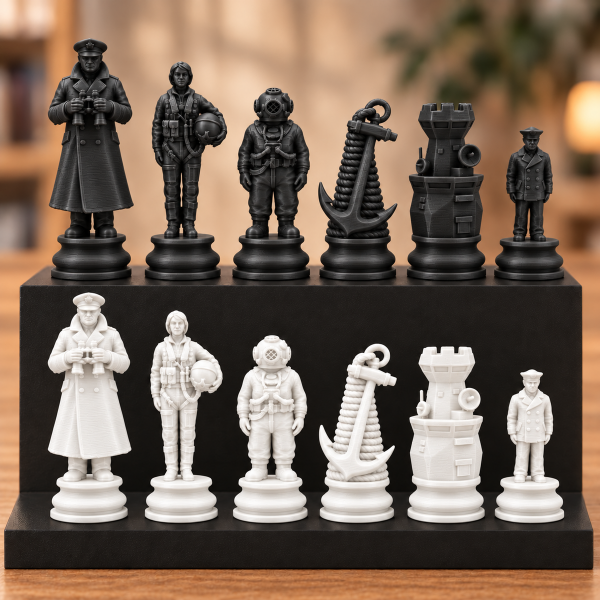Marine-Schachfigurenset – 32 Figuren mit Kapitän, Taucher und Anker – Ansicht 11