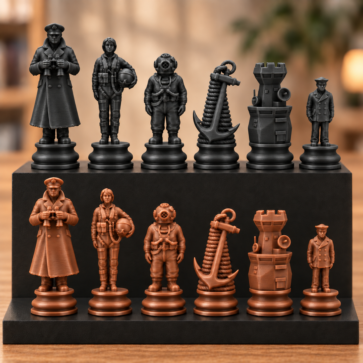 Marine-Schachfigurenset – 32 Figuren mit Kapitän, Taucher und Anker – Ansicht 12