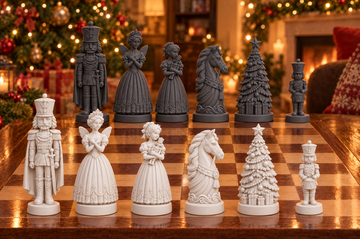 Nussknacker mit Umhang – thematisches Schachfigurenset mit 32 Figuren – Ansicht 1