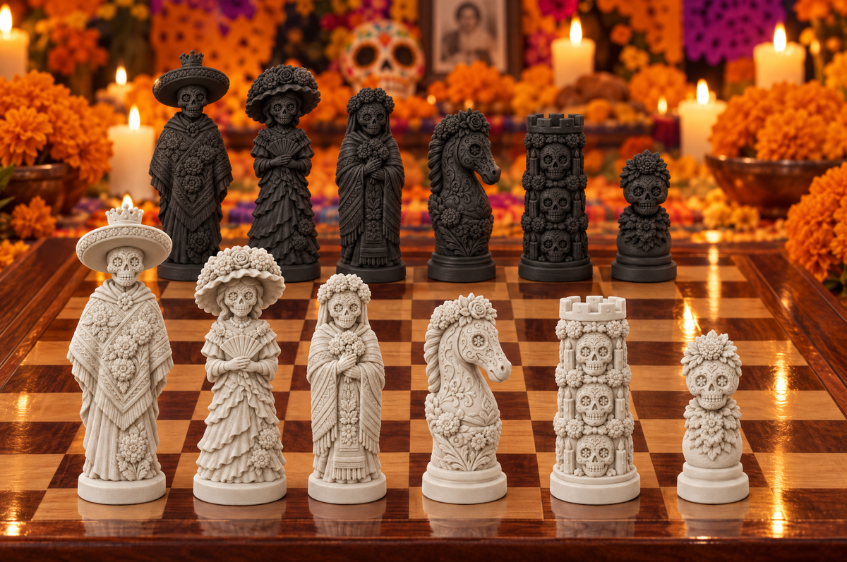 Totenkopf Calavera – thematisches Schachfigurenset mit 32 Figuren – Ansicht 1