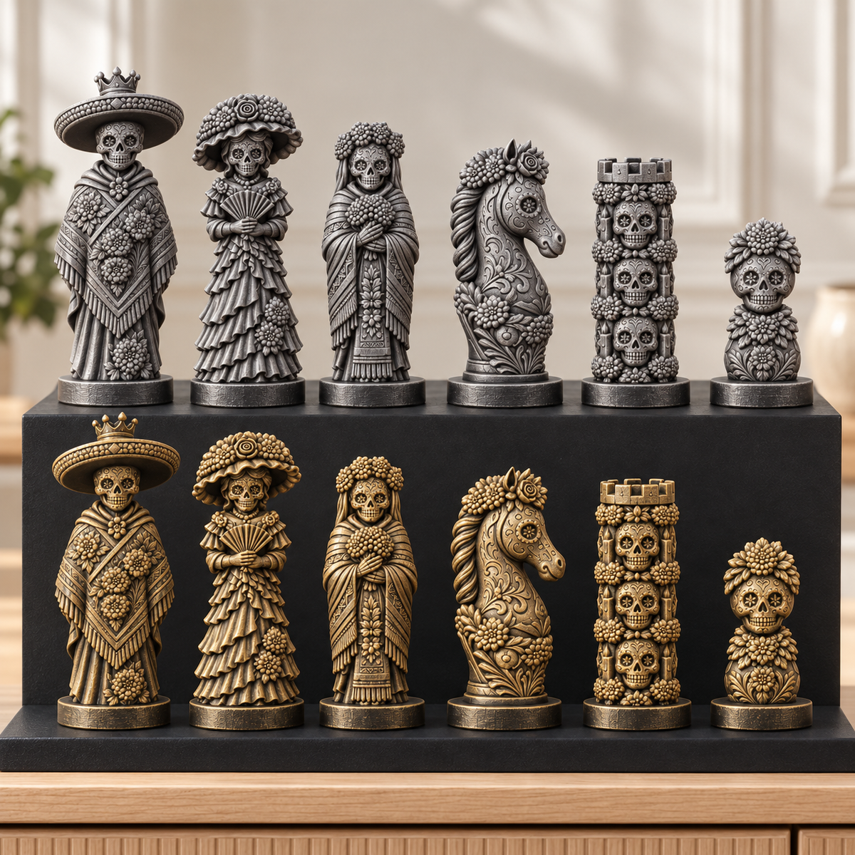 Totenkopf Calavera – thematisches Schachfigurenset mit 32 Figuren – Ansicht 2