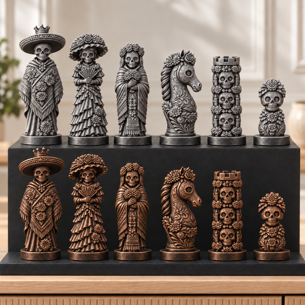 Totenkopf Calavera – thematisches Schachfigurenset mit 32 Figuren – Ansicht 3